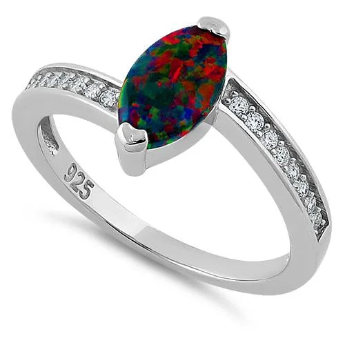 White Gold Engagement Rings-Sterling Silver Stylish Black Lab Opal Marquise Cut & Clear CZ Ring