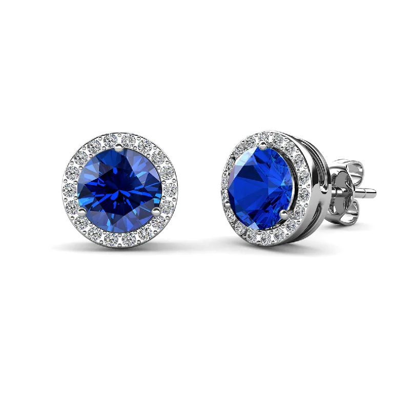 Gemstone Hoop Earrings-Royal 18k White Gold Plated September Birthstone Halo Earrings with Round Cut Sapphire Swarovski Crystals