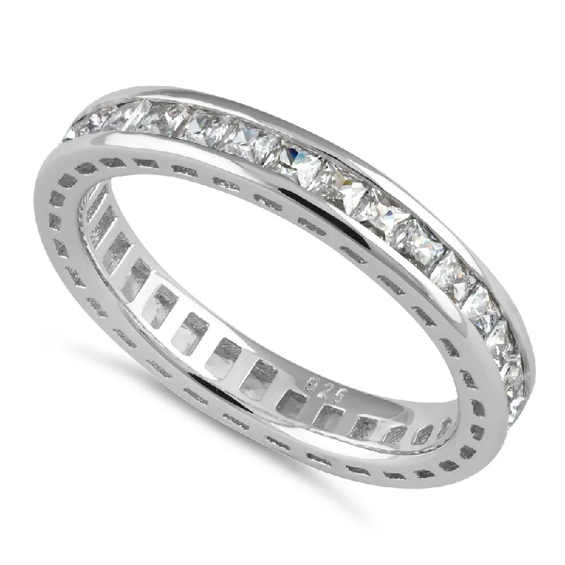 Simple Silver Wedding Rings-Sterling Silver Princess-Cut CZ Eternity Ring