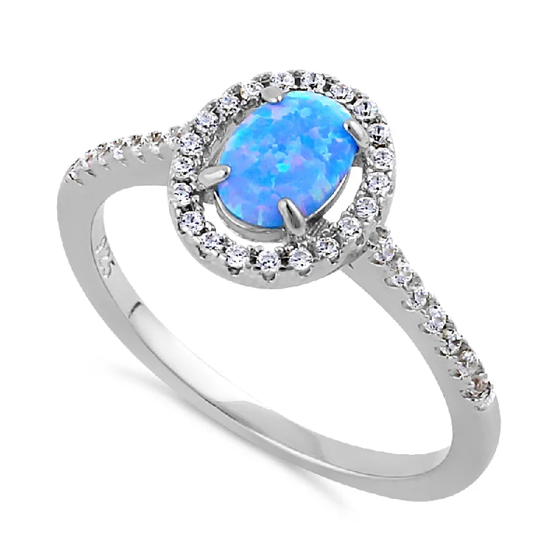 Luxury Wedding Sets-Sterling Silver Blue Lavender Lab Opal and Clear CZ Oval Halo Ring