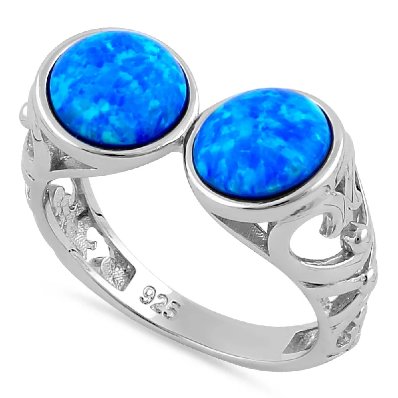 Birthstone Wedding Bands-Sterling Silver Filigree Blue Lab Opal Double Sphere Ring