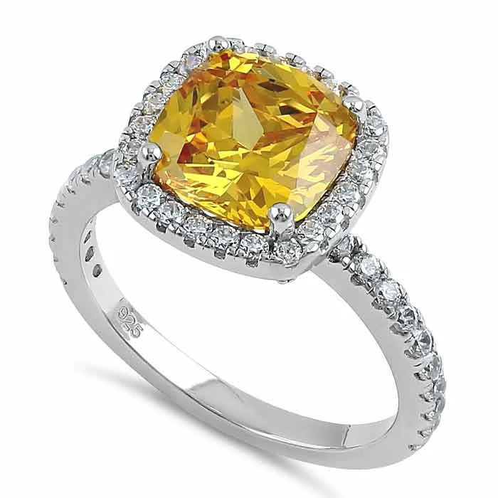 Birthstone Wedding Bands-Sterling Silver Cushion Cut Yellow and Clear CZ Ring