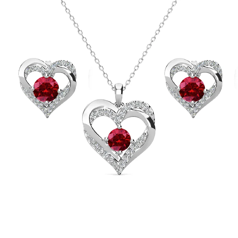 Large Drop Crystal Earrings-Forever Birthstone 18k White Gold Plated Silver Double Heart Earrings and Necklace Set with Swarovski Crystals