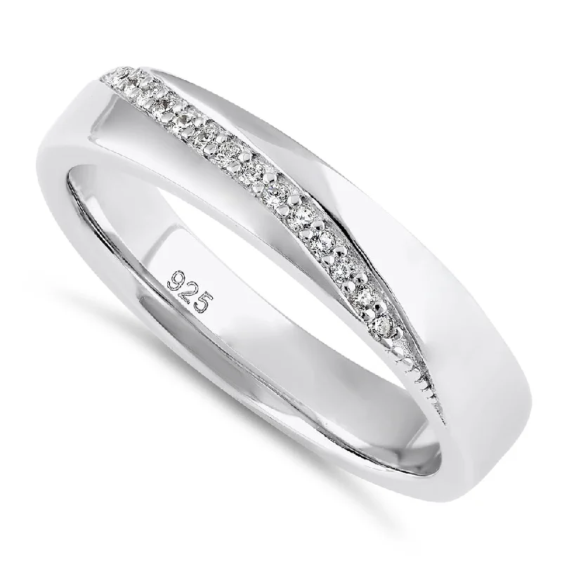 Wedding Bands with Engraving-Sterling Silver 4mm CZ Line Wedding Band Ring