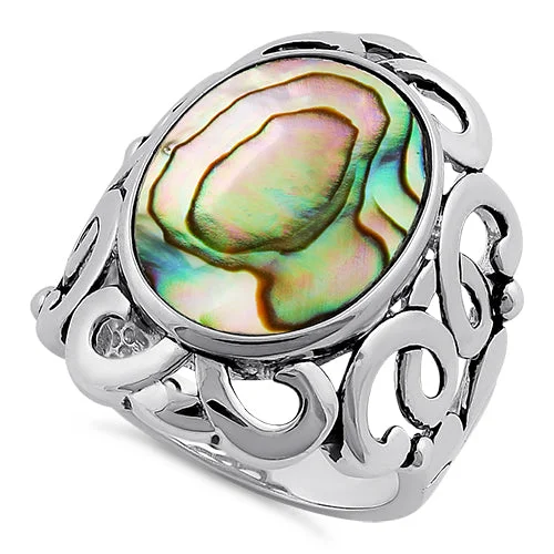 Simple Men’s Wedding Bands-Sterling Silver Unique Oval Abalone Ring