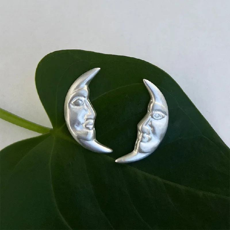 Silver Leaf Drop Earrings-Moon Face Studs - Sterling Silver, Indonesia