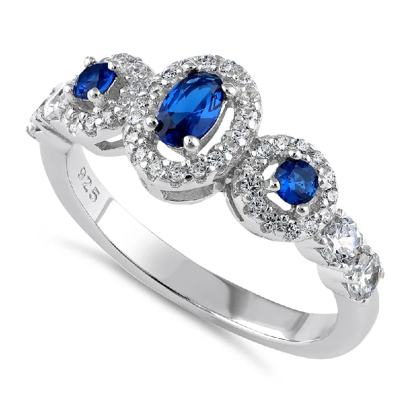 White Gold Wedding Sets-Sterling Silver Blue Sapphire Triple Halo CZ Ring