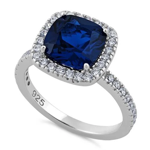 Women’s Vintage Engagement Rings-Sterling Silver Cushion Cut Blue CZ Ring