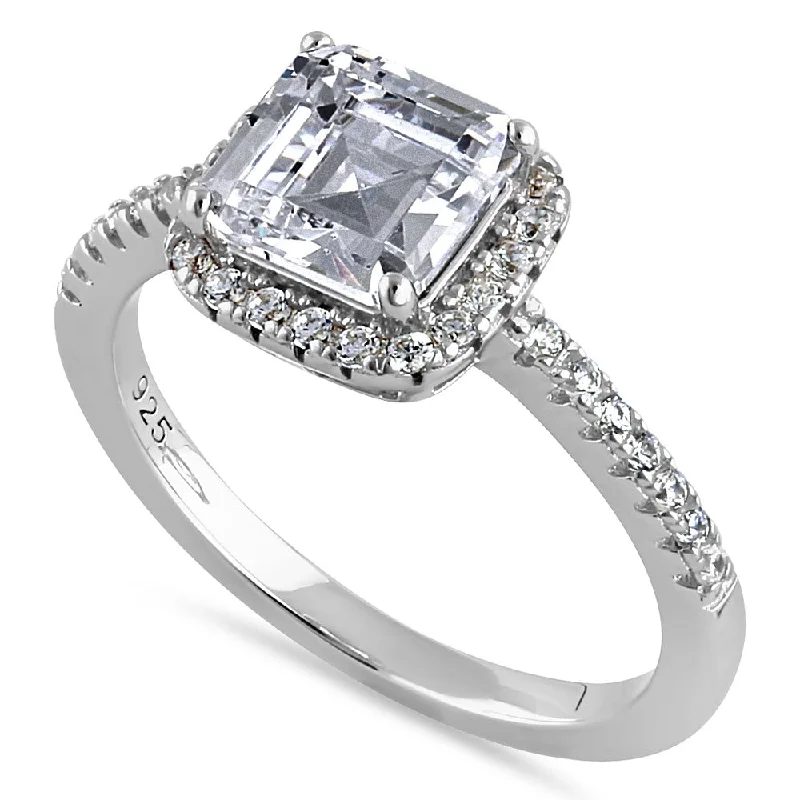 Custom Halo Engagement Rings-Sterling Silver Chic Square Halo with Round Cut Clear CZ Engagement Ring