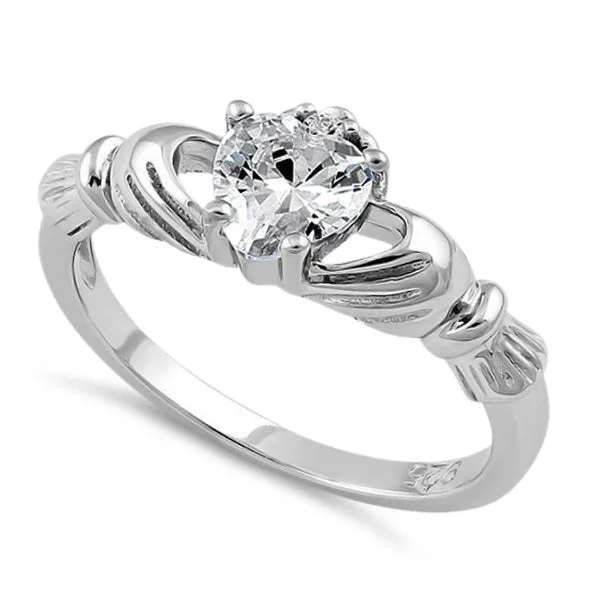 Ruby Wedding Rings-Sterling Silver Claddagh Clear CZ Ring