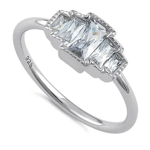 Custom Birthstone Rings-Sterling Silver Five Radiant Cut Clear CZ Ring