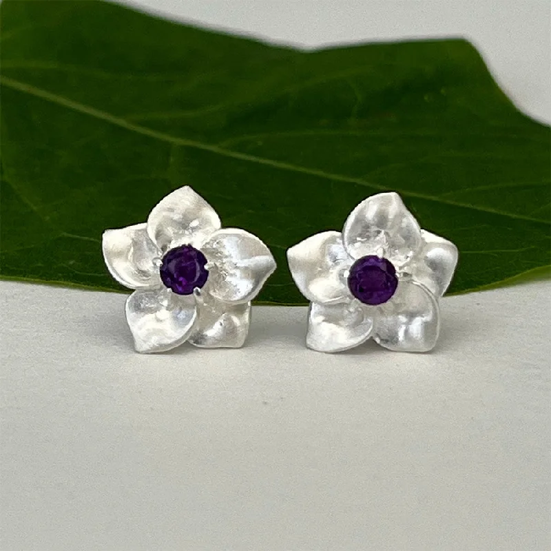 Handmade Gemstone Earrings-Amethyst Flower Studs - Sterling Silver, Indonesia