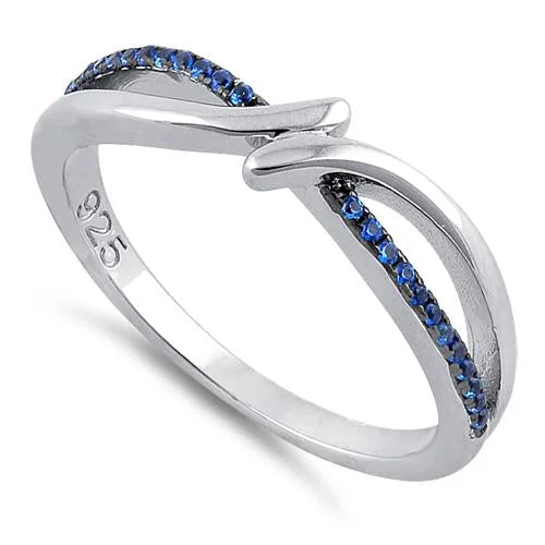 Gemstone Wedding Bands-Sterling Silver Double Curve Blue CZ Ring