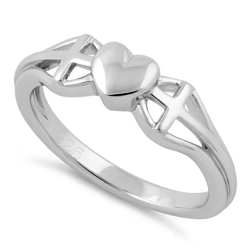 Matching Engagement Rings and Bands-Sterling Silver Heart and 2 Cross Ring