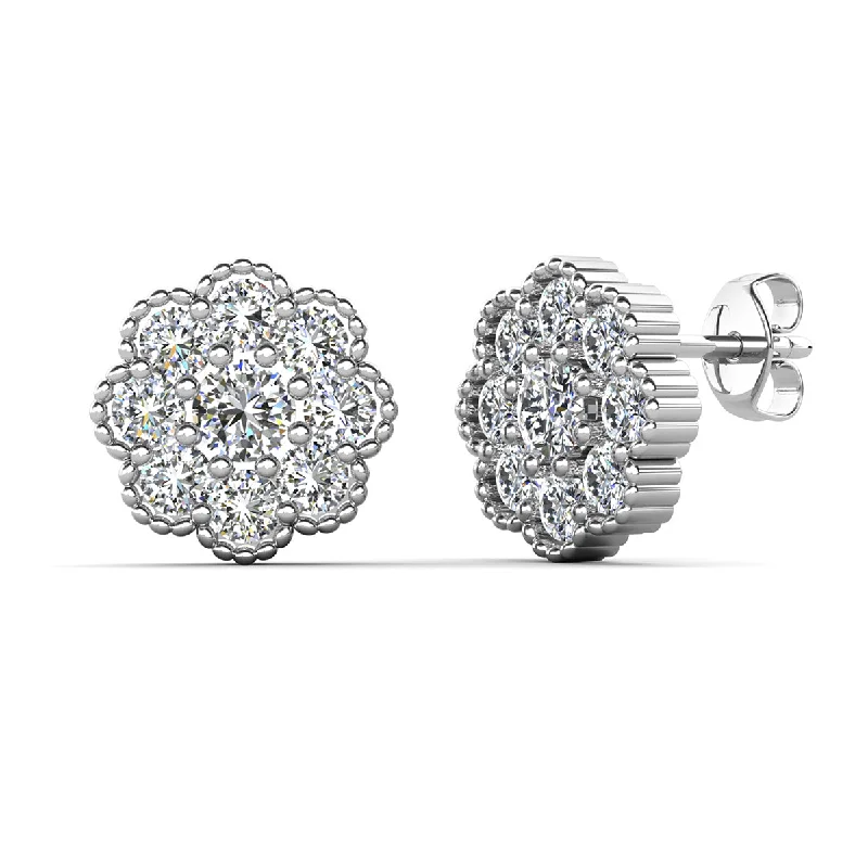 Designer Drop Earrings-Alyssa 18k White Gold Plated Sterling Silver Flower Stud Earrings with Simulated Diamond Crystals