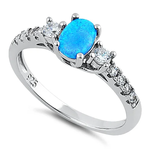 Designer Fashion Rings for Women-Sterling Silver Oval Blue Lab Opal CZ Ring