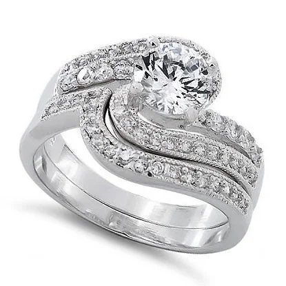 Silver Engagement Rings-Sterling Silver Swirl CZ Wedding Set Ring