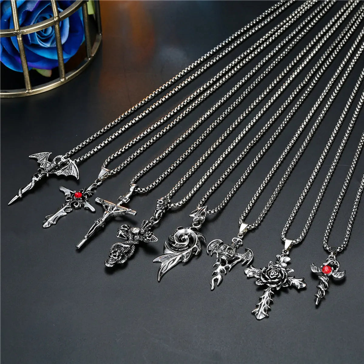 Simple Necklaces-European Punk Vintage Skull Rose Cross Pendant Necklace Men And Women Ancient Silver Gemstone Necklace