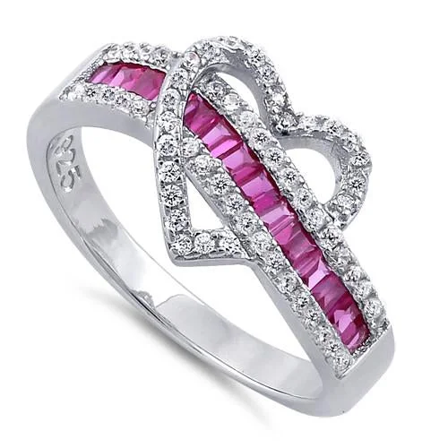 Bridal Ring Sets-Sterling Silver Exotic Heart Ruby CZ Ring