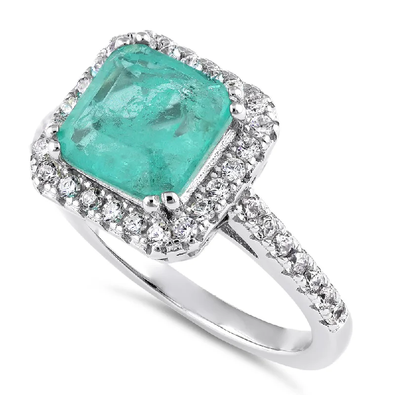 Matching Engagement Rings and Bands-Sterling Silver Teal Square Cut Crackled CZ Halo Ring