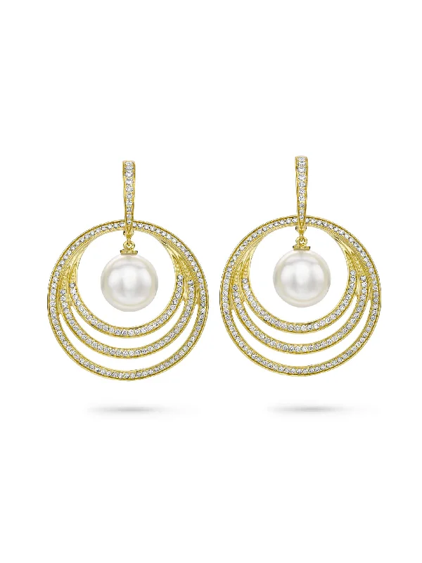 Silver Designer Earrings-Roulette Diamond Pearl Yellow Gold Drop Earrings