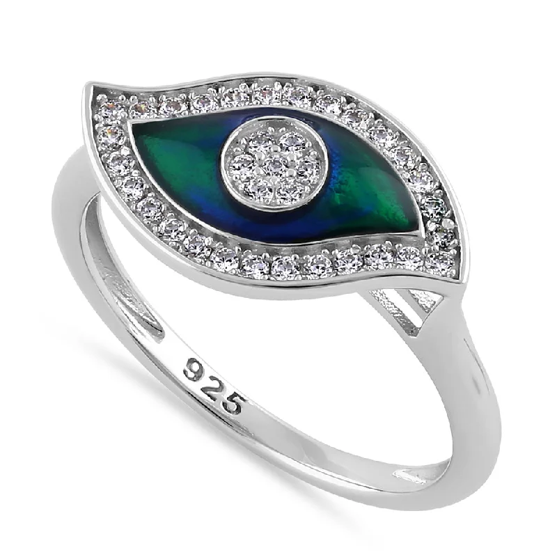 Sapphire Wedding Bands-Sterling Silver Hand-Painted  Multi-Colored Evil Eye with Clear CZ Ring