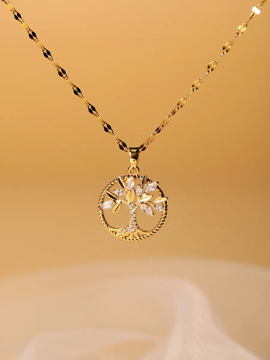 Pearl Pendant Necklaces-Lady Tree Stainless Steel Plating Hollow Out Inlay Zircon 18k Gold Plated Necklace