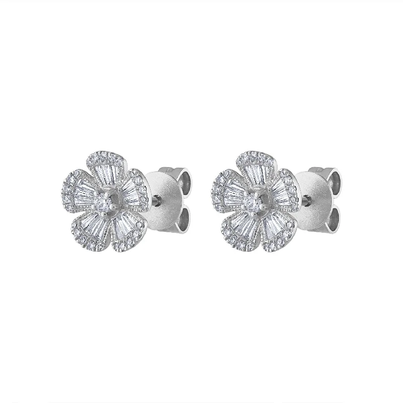 Luxury Drop Hoop Earrings-14KT GOLD DIAMOND BAGUETTE FLOWER EARRING