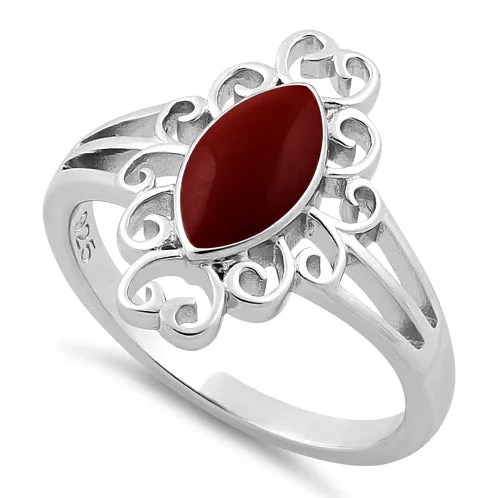 Promise Rings with Custom Engraving-Sterling Silver Red Resin Marquise Ring