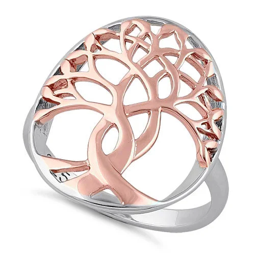 Customizable Gemstone Rings-Sterling Silver Two Tone Rose Gold Plated Tree of Life Ring