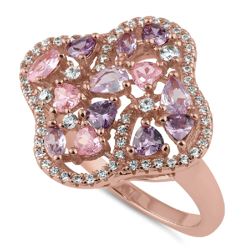 Simple Silver Engagement Rings-Sterling Silver Rose Gold Plated Pink and Lavender CZ Clover Cluster Ring