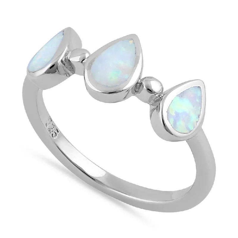 Handcrafted Gemstone Rings-Sterling Silver White Lab Opal Pear Droplets Ring