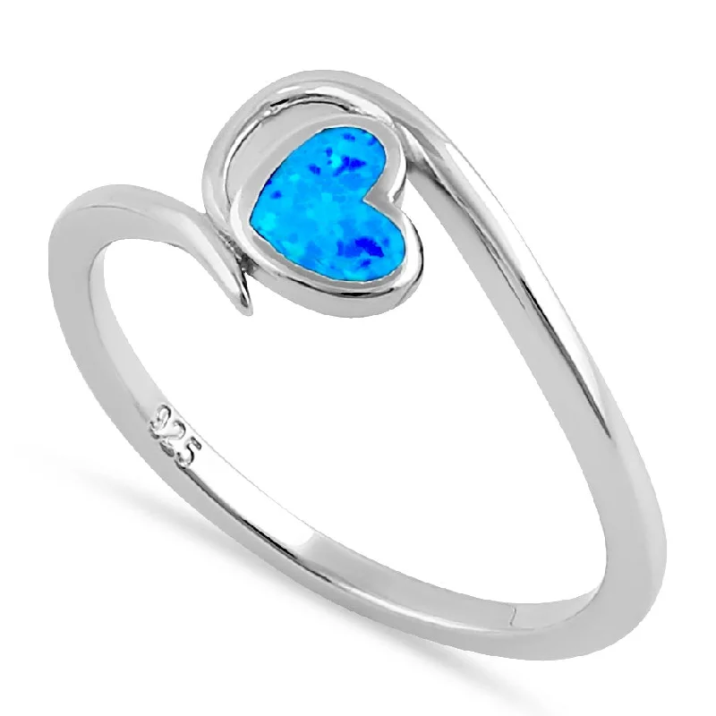 Matching Engagement Rings and Bands-Sterling Silver Blue Lab Opal  Heart in Wave Ring