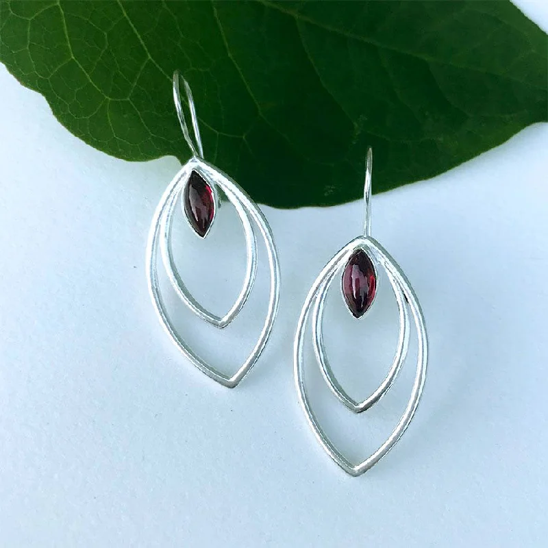 Crystal Filigree Earrings-Double Leaf Earrings - Silver/Garnet, India