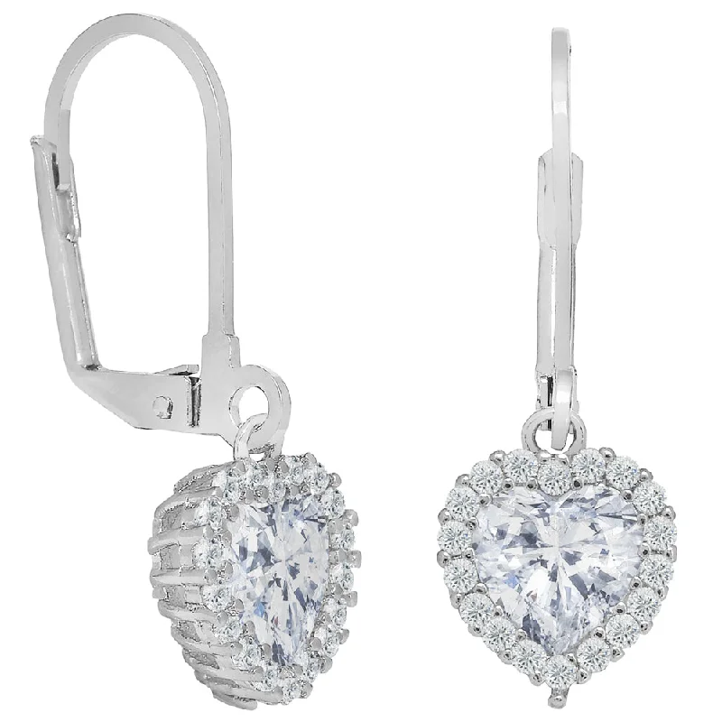 Luxury Drop Hoop Earrings-Amara 18k White Gold Plated Heart Shaped Halo Drop Earrings with Simulated Diamond Crystals