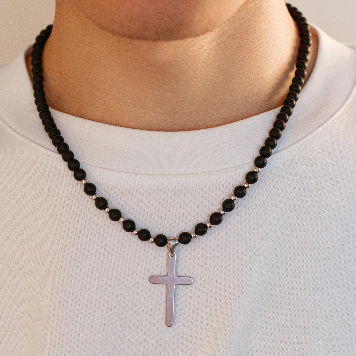 Charm Necklaces-Simple Style Classic Style Cross Natural Stone Titanium Steel Beaded Men'S Pendant Necklace