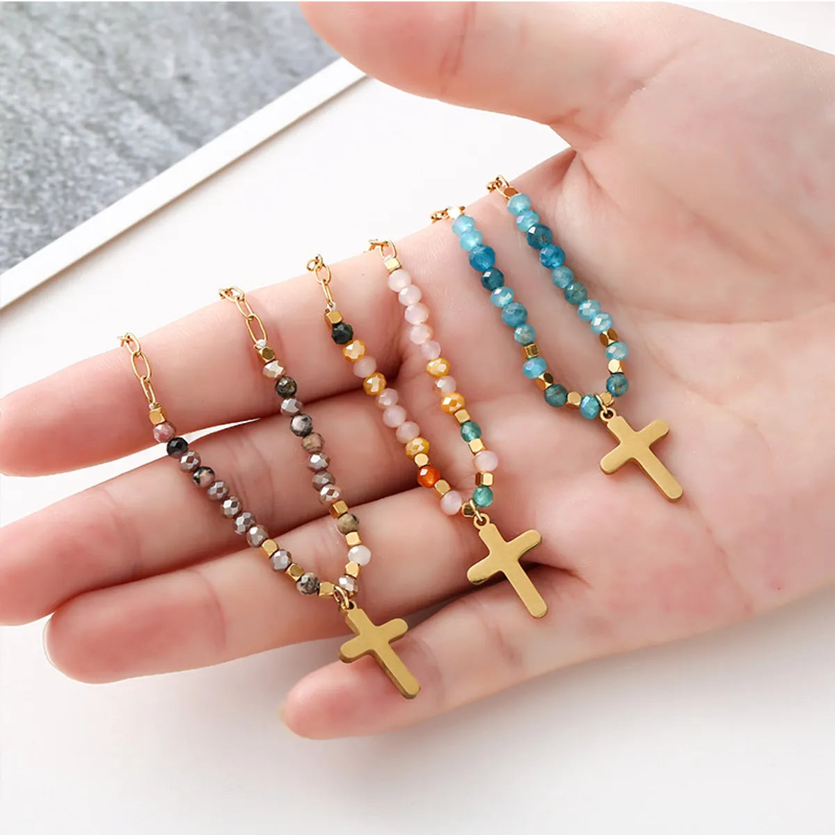 Color Changing Necklaces-Ethnic Style Cross Stainless Steel Beaded Plating 14k Gold Plated Pendant Necklace