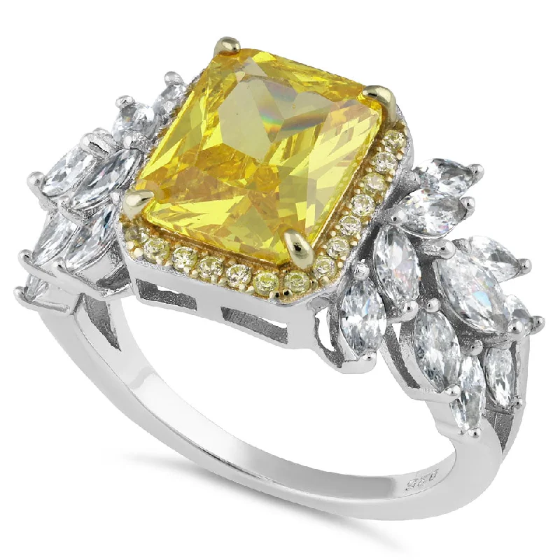 Matching Engagement Rings Sets-Sterling Silver Yellow Emerald-Cut Halo CZ Ring