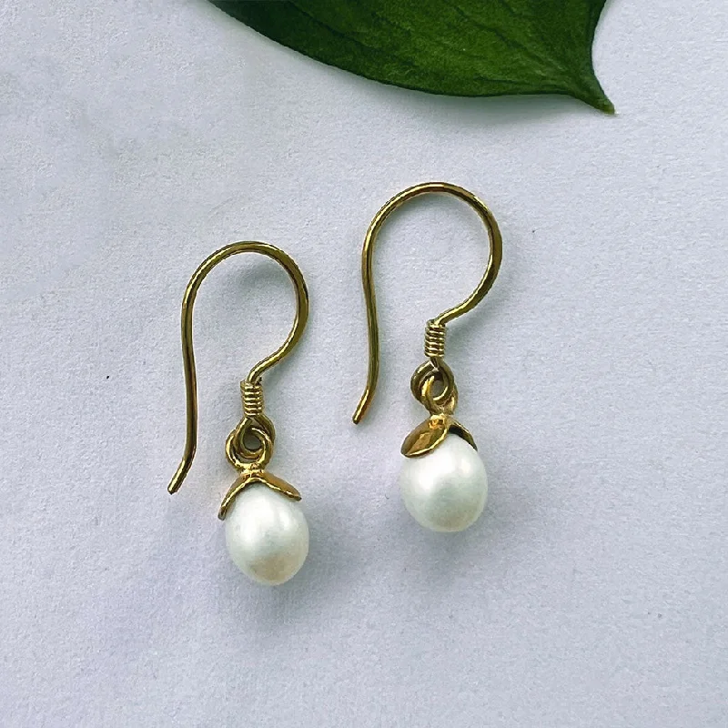 Crystal and Pearl Earrings-Acorn Pearl Earrings - Brass, Indonesia