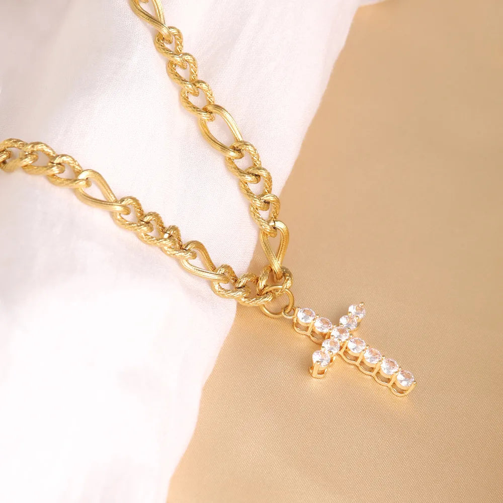 Rose Gold Necklaces-304 Stainless Steel Copper 18K Gold Plated Elegant Lady Streetwear Plating Inlay Cross Zircon Pendant Necklace