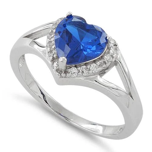 Gemstone Engagement Ring Sets-Sterling Silver Heart Shape Blue Sapphire CZ Ring