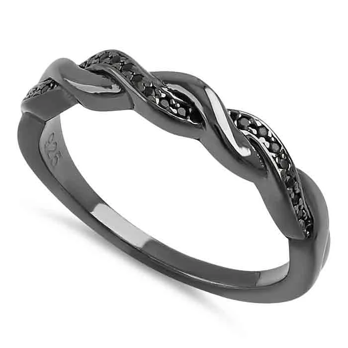 Custom Luxury Rings-Sterling Silver Black Rhodium Plated Braided with Black CZ Ring