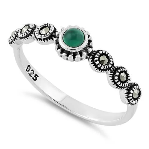 Simple Promise Wedding Rings-Sterling Silver Small Round Green Agate Marcasite Ring