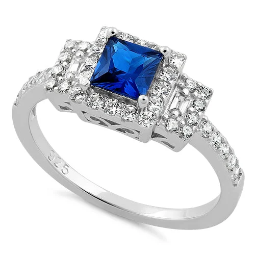 Two-Tone Promise Rings-Sterling Silver Square Blue Sapphire CZ Ring