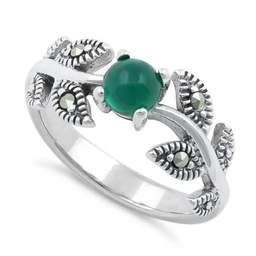 Engagement Rings with Side Stones-Sterling Silver Round Green Agate Leaves Marcasite Ring