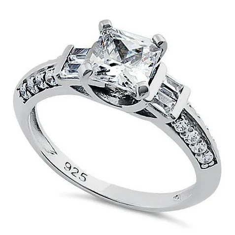 Diamond Wedding Bands-Sterling Silver Square Cut CZ Ring