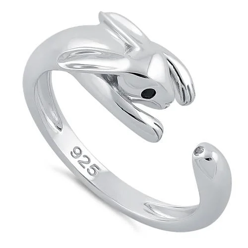 Designer Engagement Rings with Diamonds-Sterling Silver Rabbit Black CZ Ring