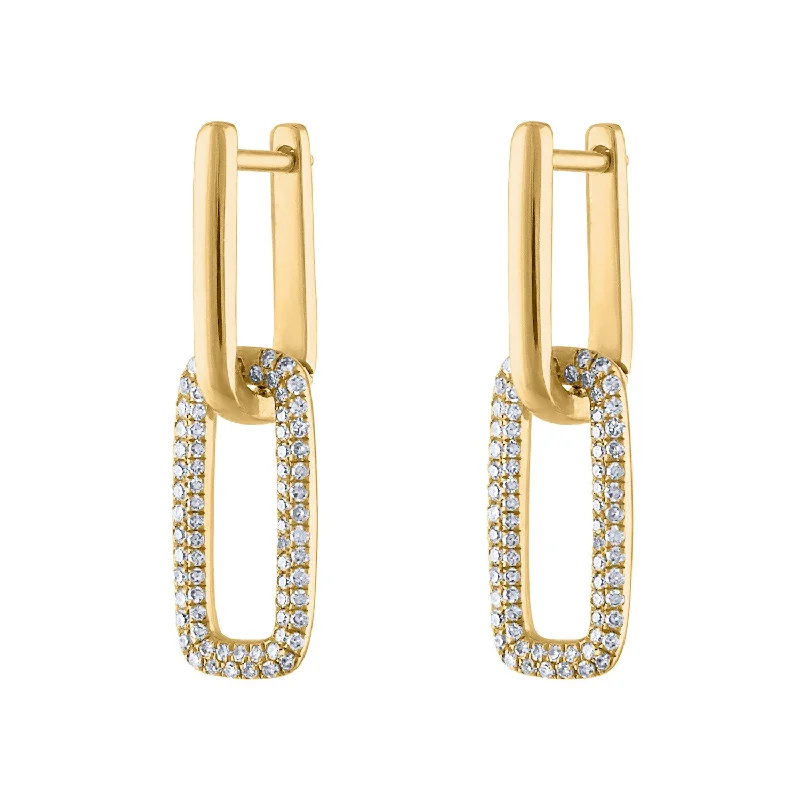 Bold Gold Earrings-14KT GOLD HUGGIE WITH SMALL DIAMOND RECTANGLE LINK EARRING