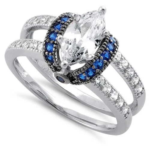 Oval Cut Wedding Rings-Sterling Silver Clear Marquise Blue CZ Ring