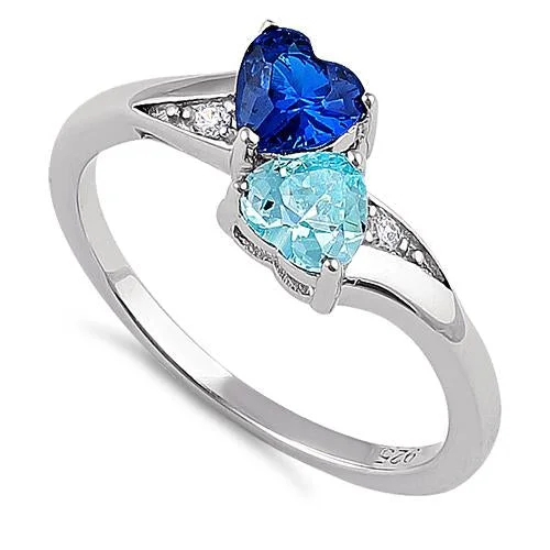 Birthstone Rings for Women-Sterling Silver Double Heart Blue Spinel & Aquamarine CZ Ring